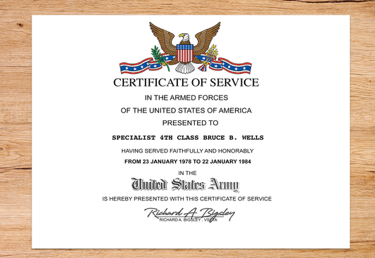 UNITED STATES ARMY CERTIFICATE OF SERVICE REPLACEMENT CERTIFICATE