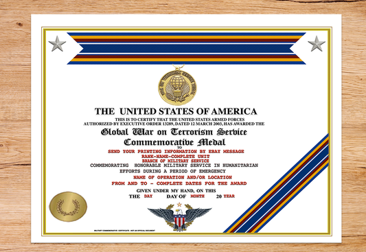 UNITED STATES GLOBAL WAR ON TERRORISM COMMEMORATIVE SERVICE MEDAL REPLACEMENT CERTIFICATE