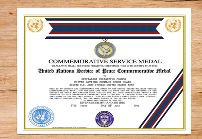 UNITED NATIONS SERVICE OF PEACE COMMEMORATIVE MEDAL REPLACEMENT CERTIFICATE