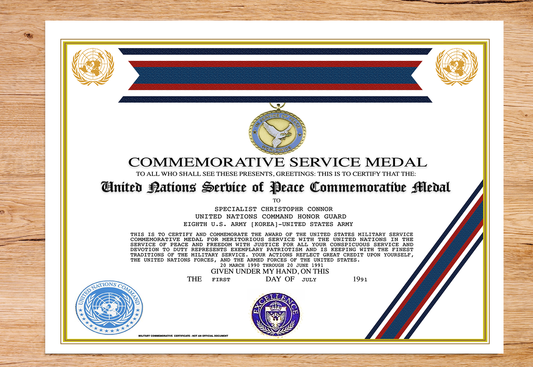 UNITED NATIONS SERVICE OF PEACE COMMEMORATIVE MEDAL REPLACEMENT CERTIFICATE