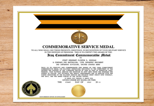 IRAQ COMMITMENT COMMEMORATIVE SERVICE MEDAL REPLACEMENT CERTIFICATE