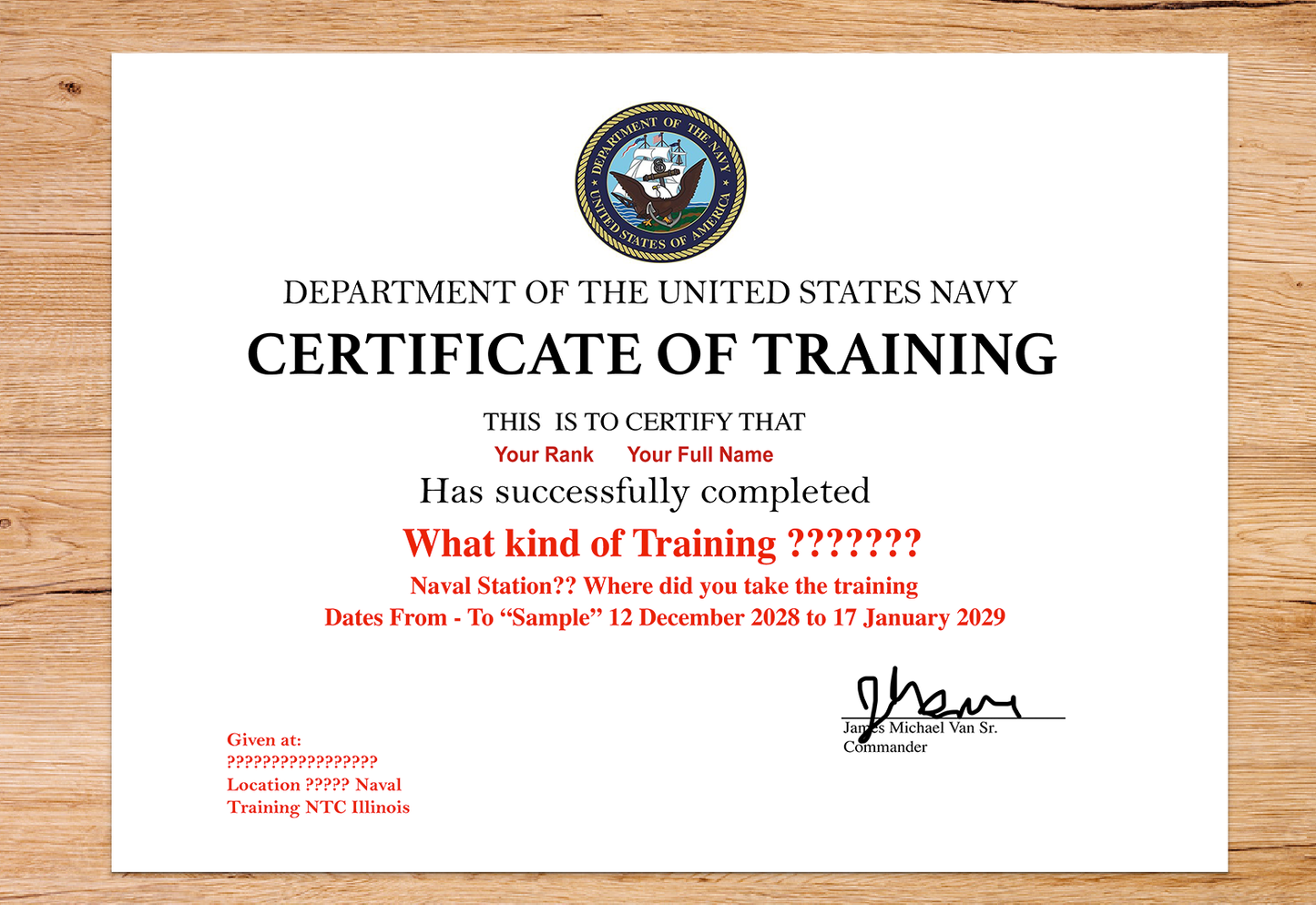UNITED STATES NAVY CERTIFICATE OF TRAINING REPLACEMENT CERTIFICATE