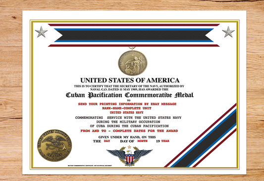CUBAN PACIFICATION (NAVY) COMMEMORATIVE MEDAL CERTIFICATE