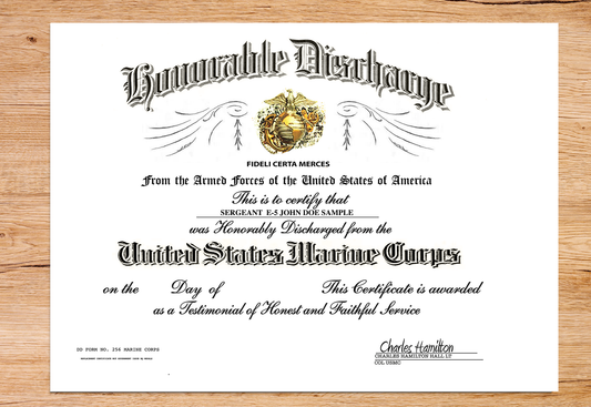 UNITED STATES MARINE CORPS HONORABLE DISCHARGE REPLACEMENT CERTIFICATE