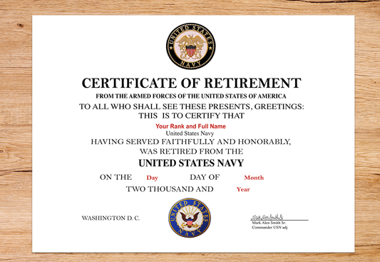 UNITED STATES NAVY CERTIFICATE OF RETIREMENT REPLACEMENT CERTIFICATE