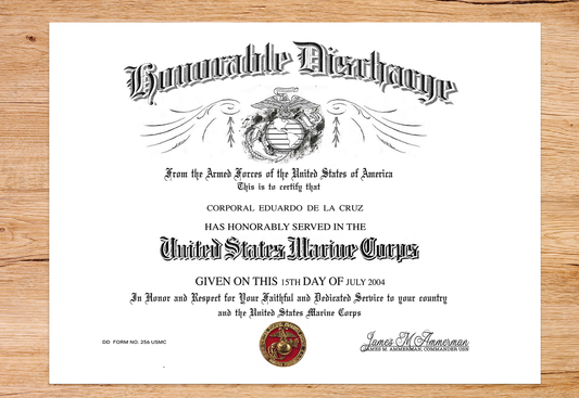 UNITED STATES MARINE CORPS HONORABLE DISCHARGE REPLACEMENT CERTIFICATE
