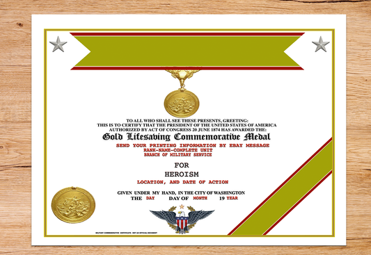 GOLD LIFESAVING COMMEMORATIVE MEDAL REPLACEMENT CERTIFICATE