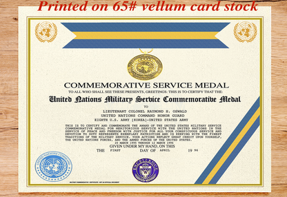 UNITED NATIONS MILITARY SERVICE COMMEMORATIVE MEDAL REPLACEMENT CERTIFICATE