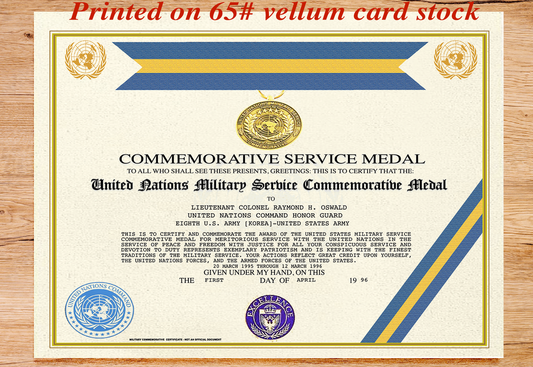 UNITED NATIONS MILITARY SERVICE COMMEMORATIVE MEDAL REPLACEMENT CERTIFICATE