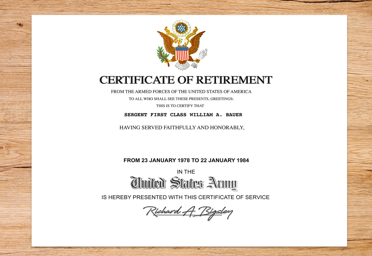UNITED STATES ARMY CERTIFICATE OF RETIREMENT REPLACEMENT CERTIFICATE