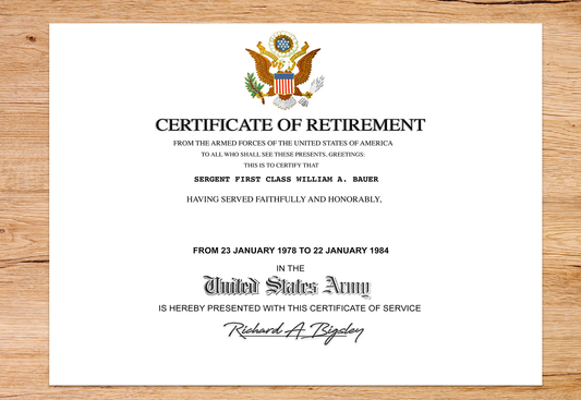 UNITED STATES ARMY CERTIFICATE OF RETIREMENT REPLACEMENT CERTIFICATE