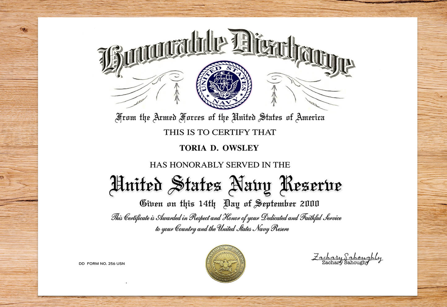 UNITED STATES NAVY RESERVE HONORABLE DISCHARGE REPLACEMENT CERTIFICATE
