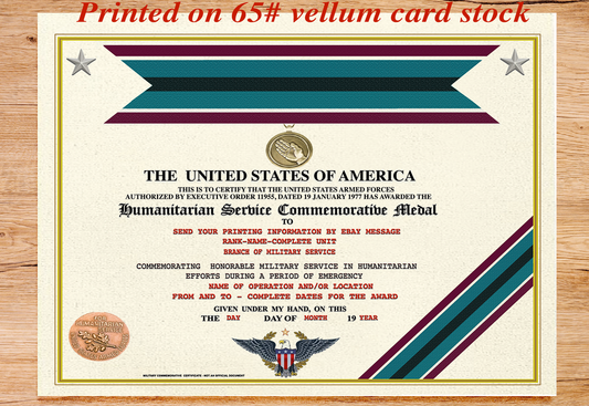 UNITED STATES HUMANITARIAN SERVICE COMMEMORATIVE MEDAL REPLACEMENT CERTIFICATE