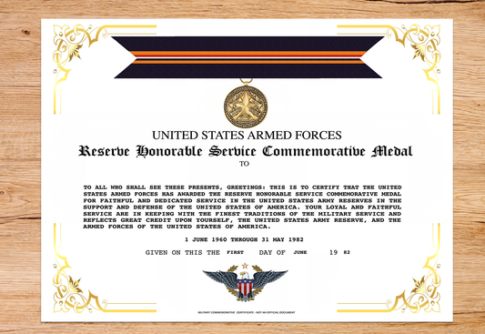 UNITED STATES RESERVE HONORABLE SERVICE COMMEMORATIVE SERVICE MEDAL REPLACEMENT CERTIFICATE
