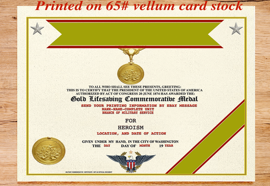 GOLD LIFESAVING COMMEMORATIVE MEDAL REPLACEMENT CERTIFICATE