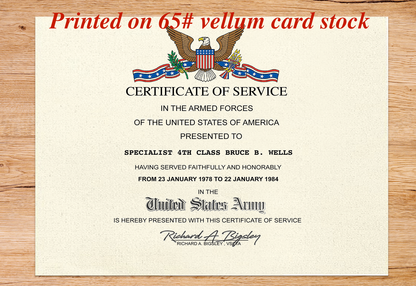 UNITED STATES ARMY CERTIFICATE OF SERVICE REPLACEMENT CERTIFICATE