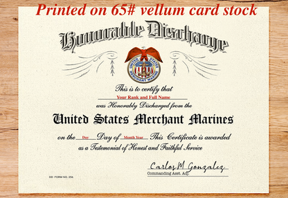 UNITED STATES MERCHANT MARINES HONORABLE DISCHARGE REPLACEMENT CERTIFICATE