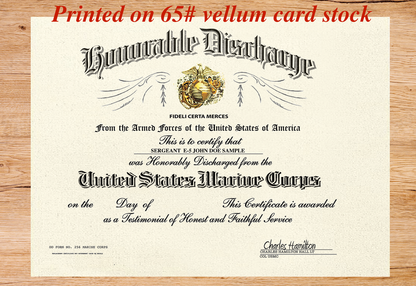 UNITED STATES MARINE CORPS HONORABLE DISCHARGE REPLACEMENT CERTIFICATE