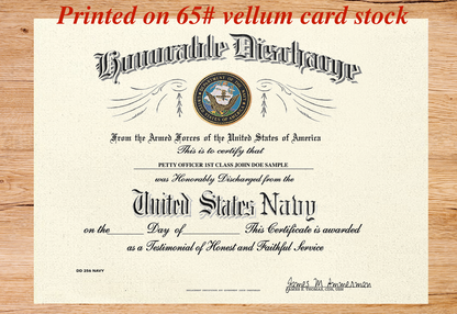 UNITED STATES NAVY HONORABLE DISCHARGE REPLACEMENT CERTIFICATE