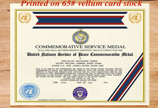 UNITED NATIONS SERVICE OF PEACE COMMEMORATIVE MEDAL REPLACEMENT CERTIFICATE