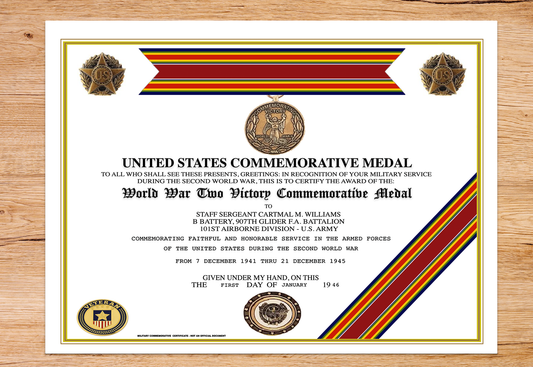 UNITED STATES WORLD WAR TWO VICTORY COMMEMORATIVE MEDAL REPLACEMENT CERTIFICATE