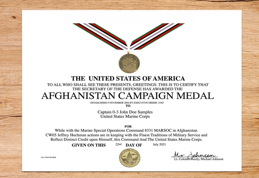 UNITED STATES AFGHANISTAN CAMPAIGN MEDAL REPLACEMENT CERTIFICATE