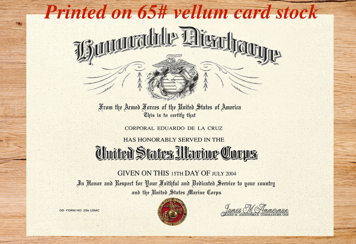 UNITED STATES MARINE CORPS HONORABLE DISCHARGE REPLACEMENT CERTIFICATE