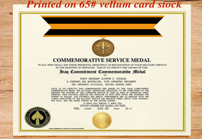 IRAQ COMMITMENT COMMEMORATIVE SERVICE MEDAL REPLACEMENT CERTIFICATE