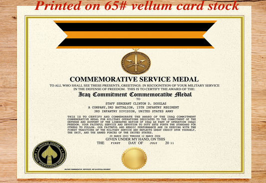 IRAQ COMMITMENT COMMEMORATIVE SERVICE MEDAL REPLACEMENT CERTIFICATE