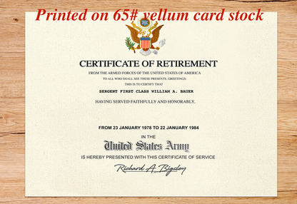 UNITED STATES ARMY CERTIFICATE OF RETIREMENT REPLACEMENT CERTIFICATE