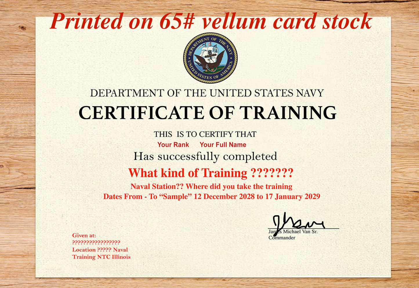 UNITED STATES NAVY CERTIFICATE OF TRAINING REPLACEMENT CERTIFICATE