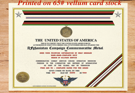 AFGHANISTAN CAMPAIGN MEDAL COMMEMORATIVE REPLACEMENT CERTIFICATE