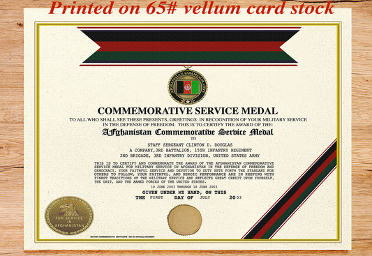UNITED STATES AFGHANISTAN COMMEMORATIVE SERVICE MEDAL REPLACEMENT CERTIFICATE