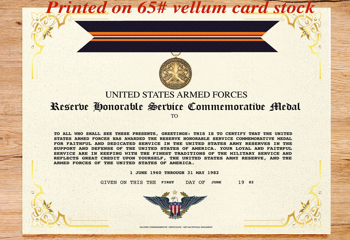 UNITED STATES RESERVE HONORABLE SERVICE COMMEMORATIVE SERVICE MEDAL REPLACEMENT CERTIFICATE