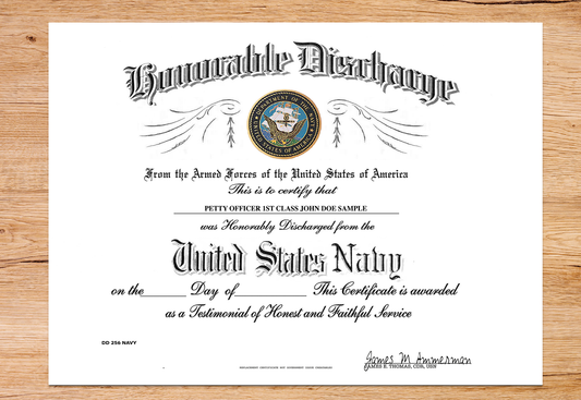 UNITED STATES NAVY HONORABLE DISCHARGE REPLACEMENT CERTIFICATE