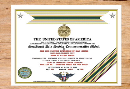 UNITED STATES SOUTHWEST ASIA SERVICE COMMEMORATIVE MEDAL REPLACEMENT CERTIFICATE