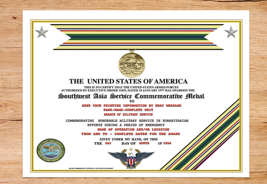 UNITED STATES SOUTHWEST ASIA SERVICE COMMEMORATIVE MEDAL REPLACEMENT CERTIFICATE