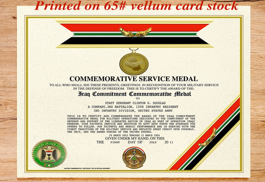 IRAQ COMMITMENT COMMEMORATIVE SERVICE MEDAL REPLACEMENT CERTIFICATE