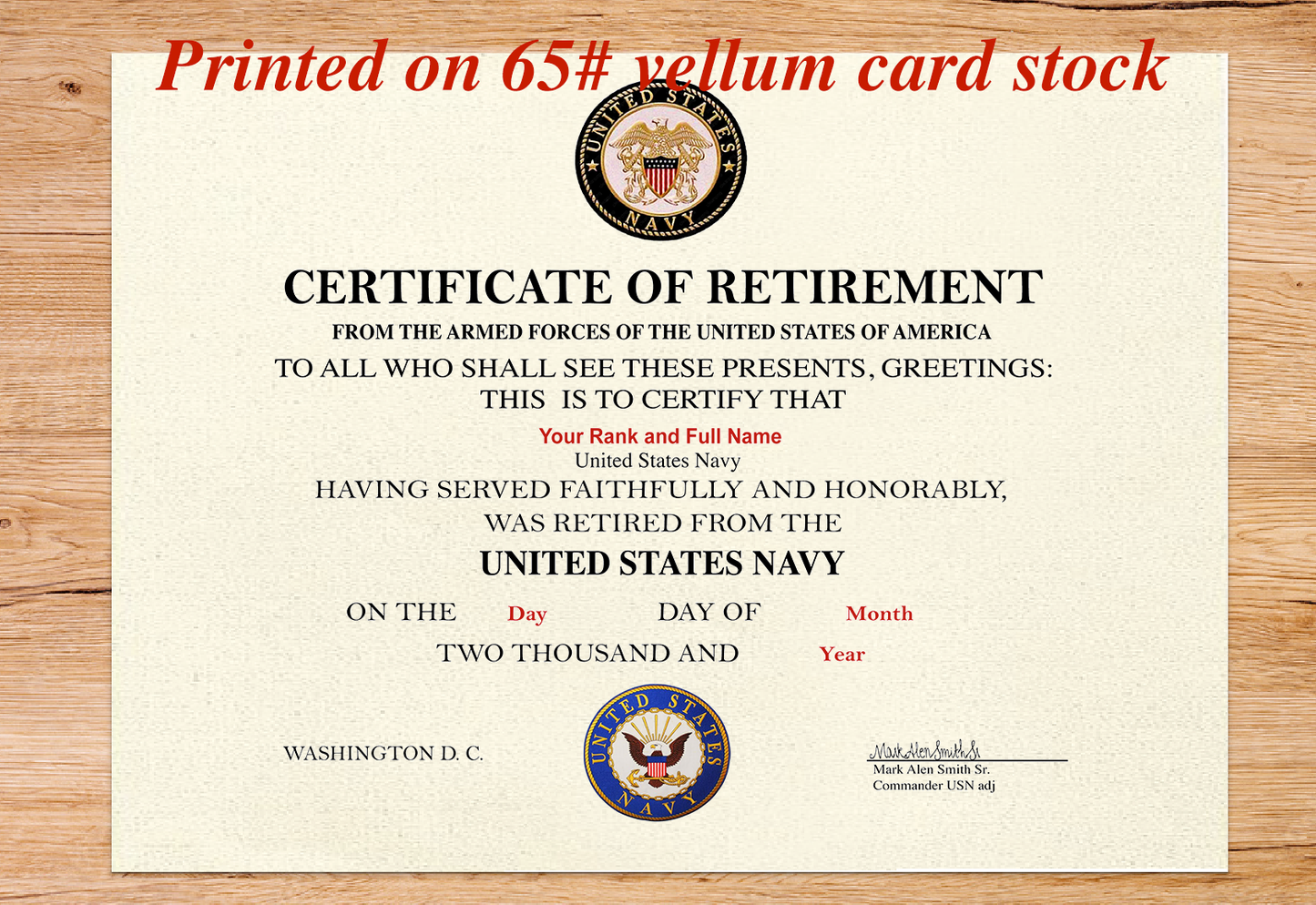 UNITED STATES NAVY CERTIFICATE OF RETIREMENT REPLACEMENT CERTIFICATE