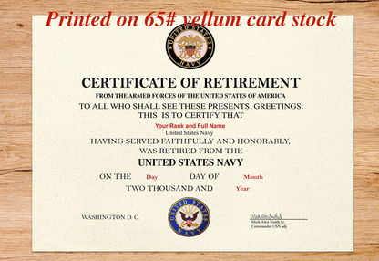 UNITED STATES NAVY CERTIFICATE OF RETIREMENT REPLACEMENT CERTIFICATE
