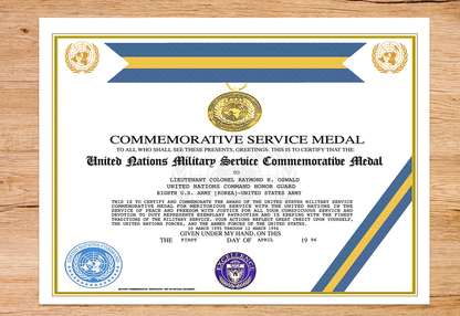 UNITED NATIONS MILITARY SERVICE COMMEMORATIVE MEDAL REPLACEMENT CERTIFICATE