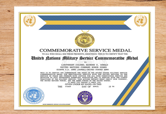 UNITED NATIONS MILITARY SERVICE COMMEMORATIVE MEDAL REPLACEMENT CERTIFICATE