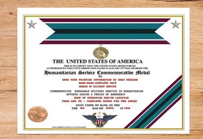 UNITED STATES HUMANITARIAN SERVICE COMMEMORATIVE MEDAL REPLACEMENT CERTIFICATE