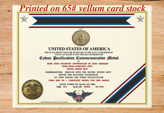 CUBAN PACIFICATION (NAVY) COMMEMORATIVE MEDAL CERTIFICATE