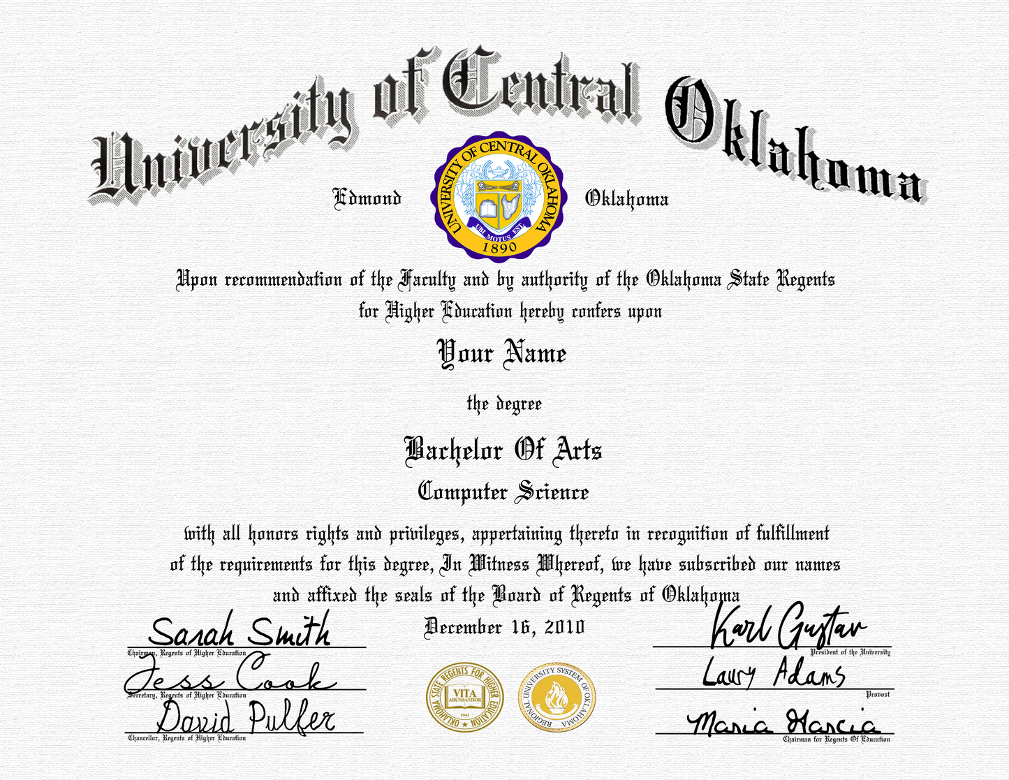 Novelty University of Central Oklahoma Diploma With Layout Match!