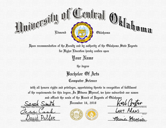 Novelty University of Central Oklahoma Diploma With Layout Match!