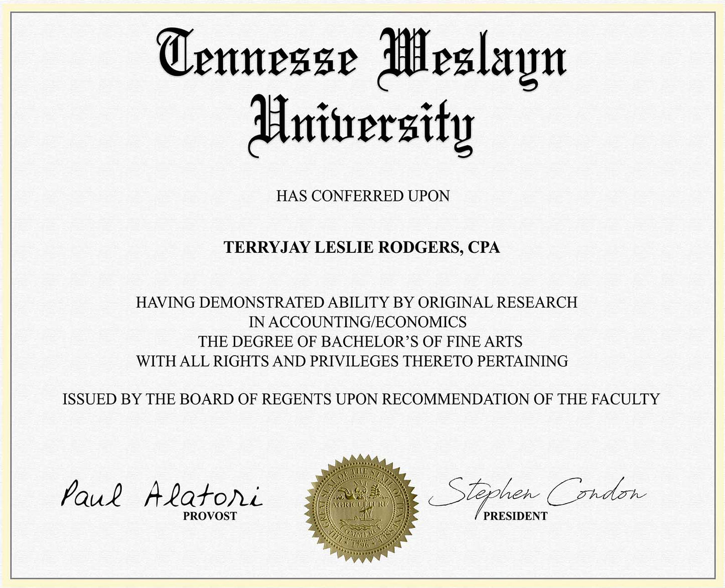 NOVELTY TENNESSE WESLAYN COLLEGE DIPLOMA