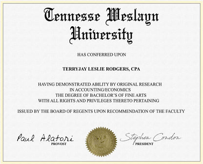 NOVELTY TENNESSE WESLAYN COLLEGE DIPLOMA