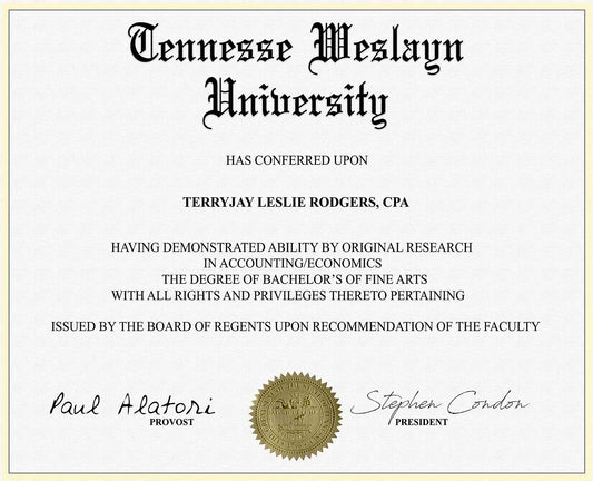 NOVELTY TENNESSE WESLAYN COLLEGE DIPLOMA